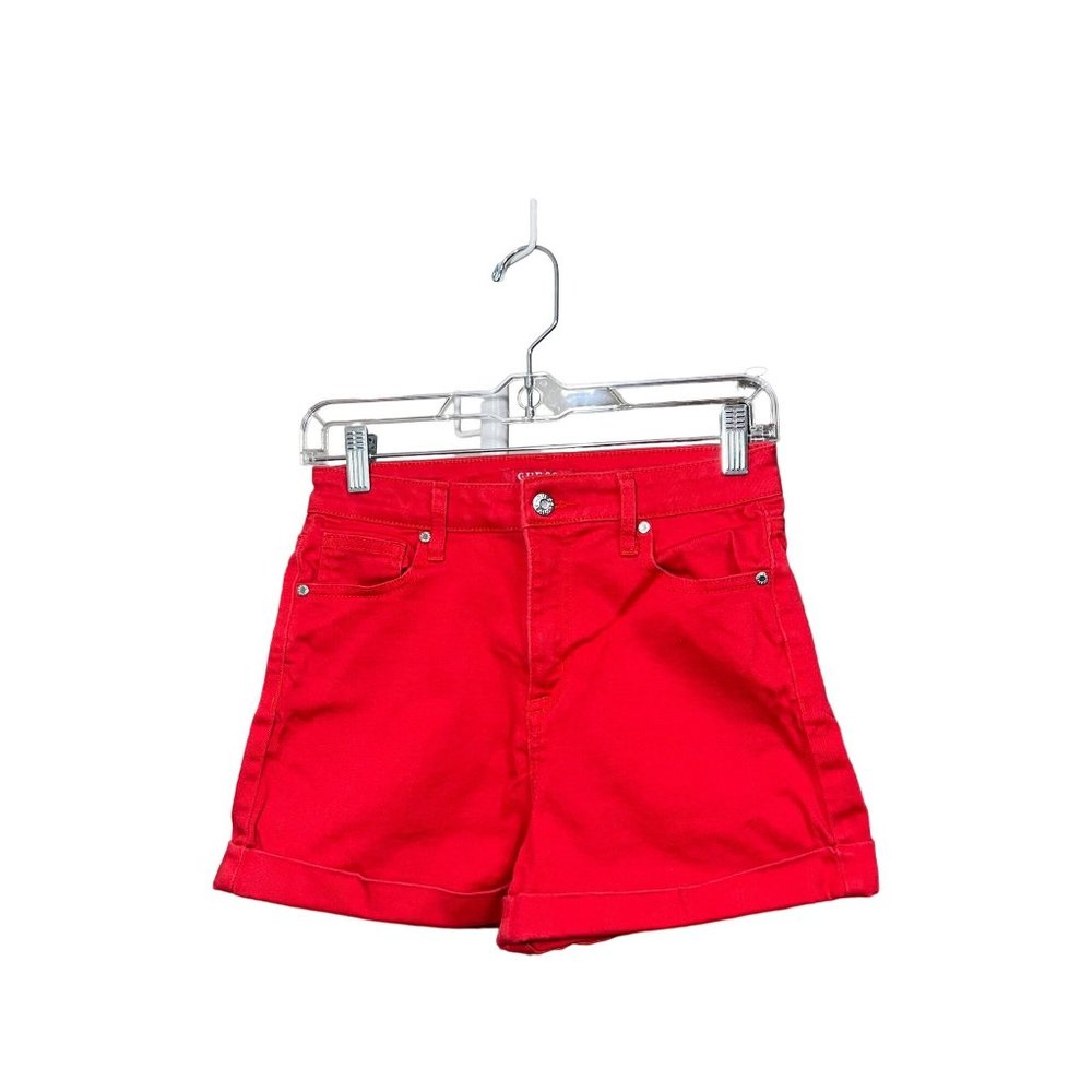 Guess Red Denim Shorts Womens Sz 2 Cuffed Silver Logo Jean Shorts Casual Chic